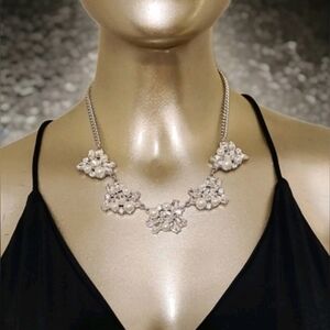 Vintage Crystal Pearl Art Deco Silver Statement Necklace